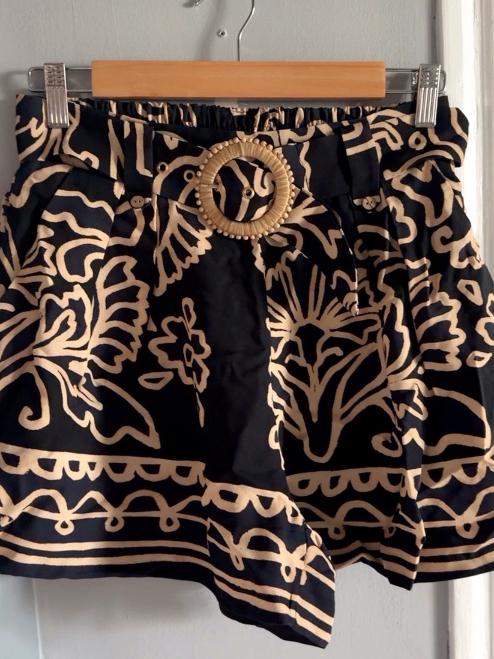 Black & Cream Patterned High-Waist Shorts with Decorative Buckle